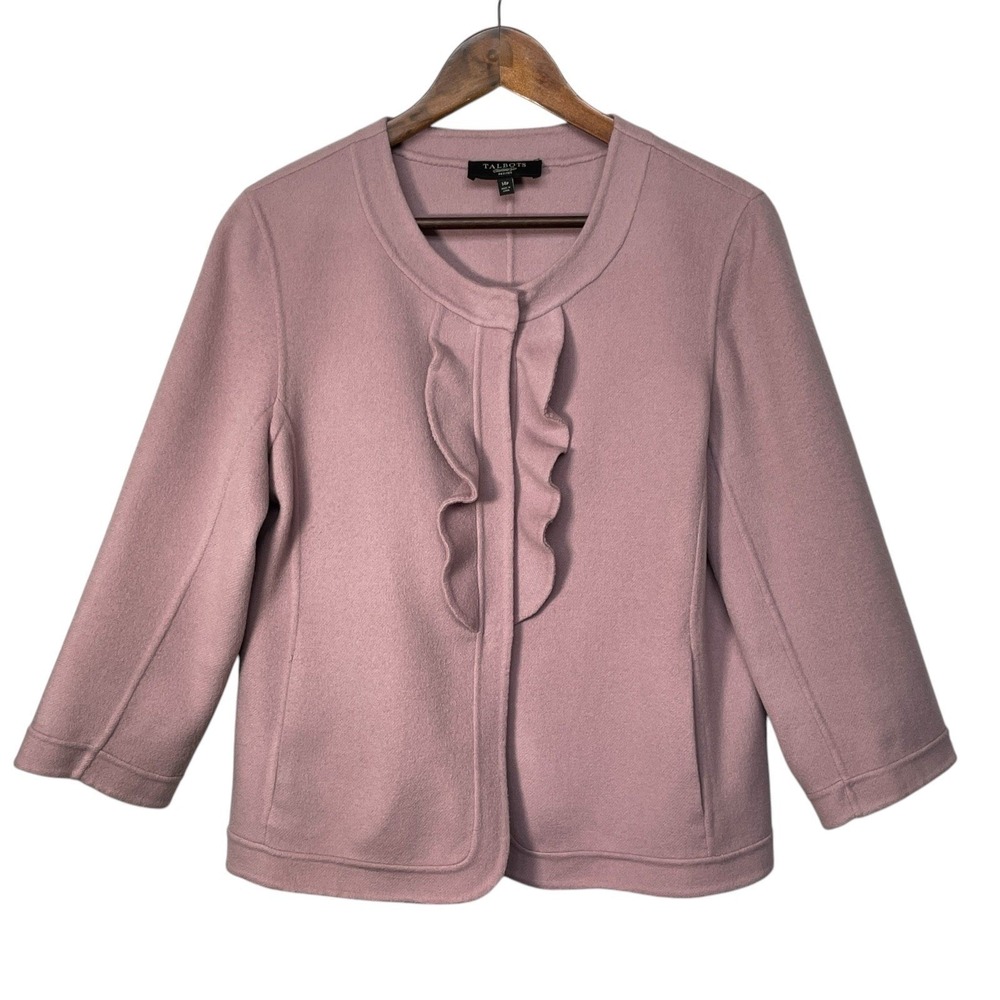 Talbots Ruffle Front Jacket Women 14P Pink Wool Blend Collarless Good